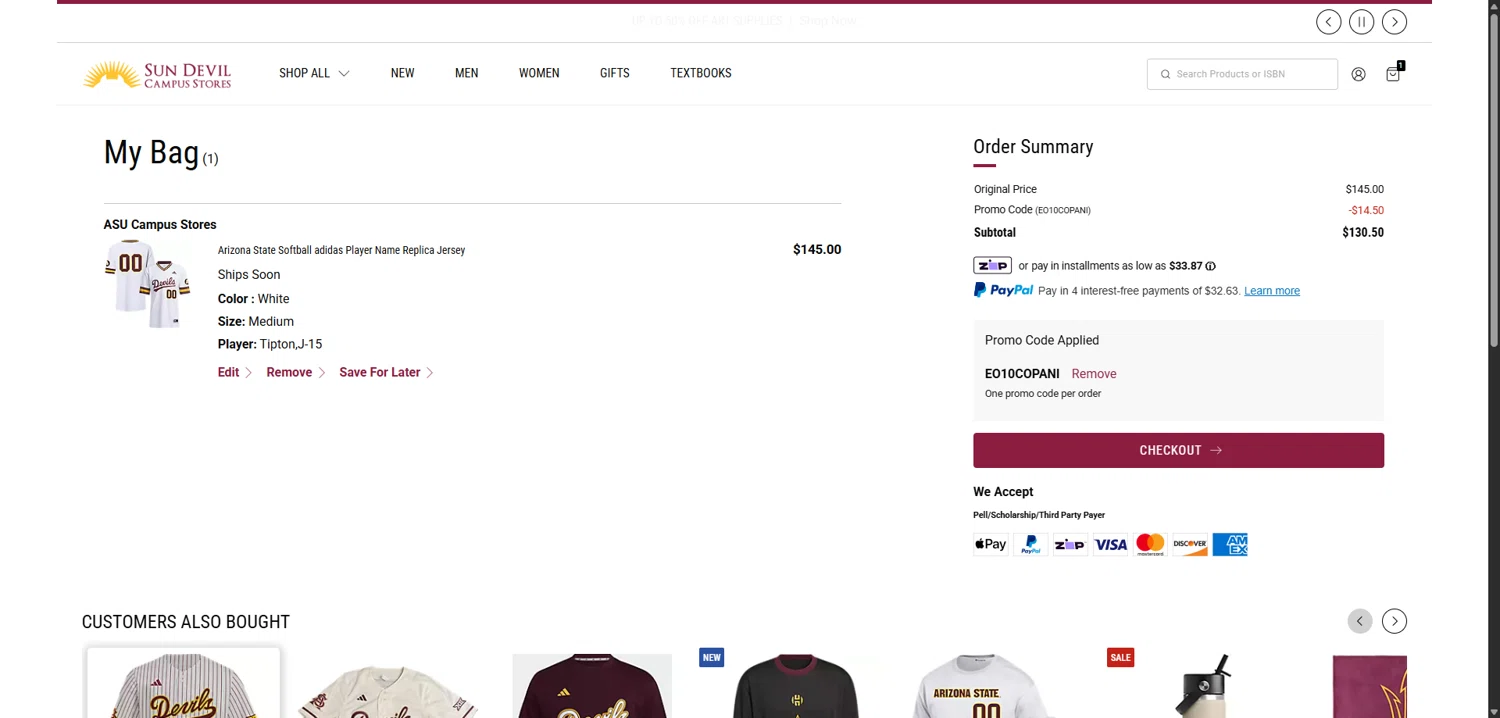 The Sun Devils promo code screenshot showing code EO10COPANI applied at The Sun Devils checkout page. Uploaded by SimplyCodes community member EpicLegend237 on Feb 11, 2026