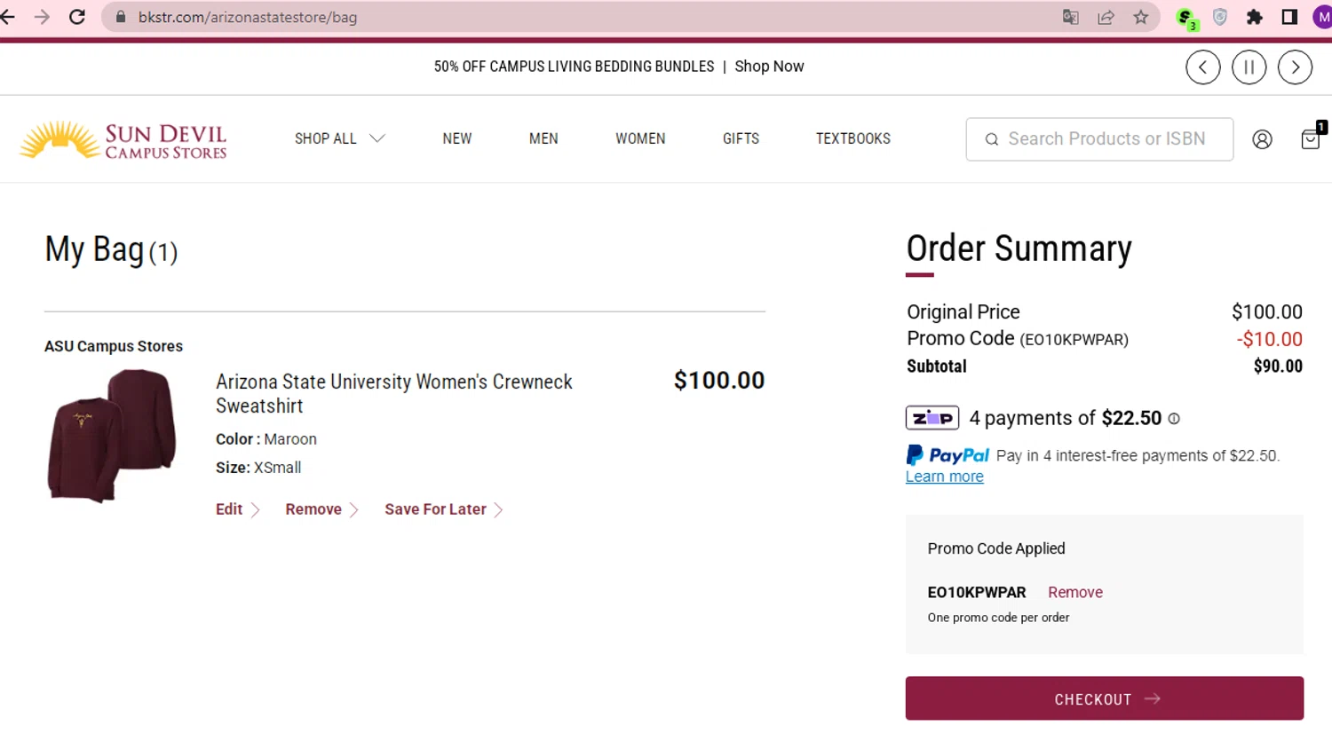 The Sun Devils promo code screenshot showing code EO10KPWPAR applied at The Sun Devils checkout page. Uploaded by SimplyCodes community member Mileidy on Feb 11, 2026