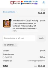 CAMP20 coupon verification screenshot