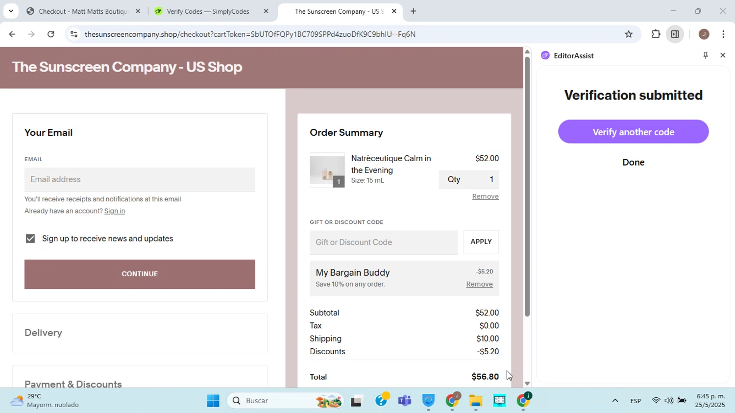 The Sunscreen Company discount code screenshot showing code MBB10TSC applied at The Sunscreen Company checkout page. Uploaded by SimplyCodes community member ABHF23 on May 25, 2025