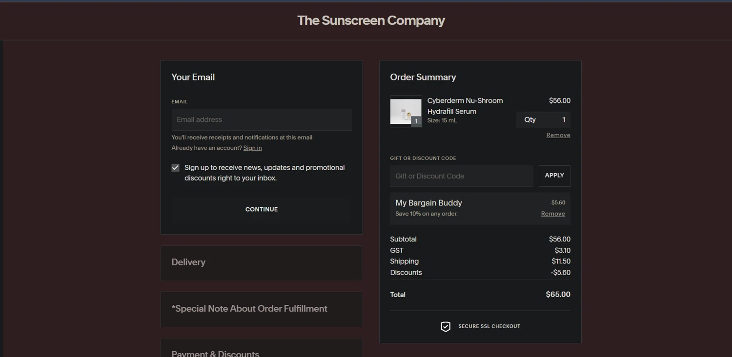 The Sunscreen Company discount code screenshot showing code MBB10TSC applied at The Sunscreen Company checkout page. Uploaded by SimplyCodes community member Ray_YNN on Mar 30, 2025