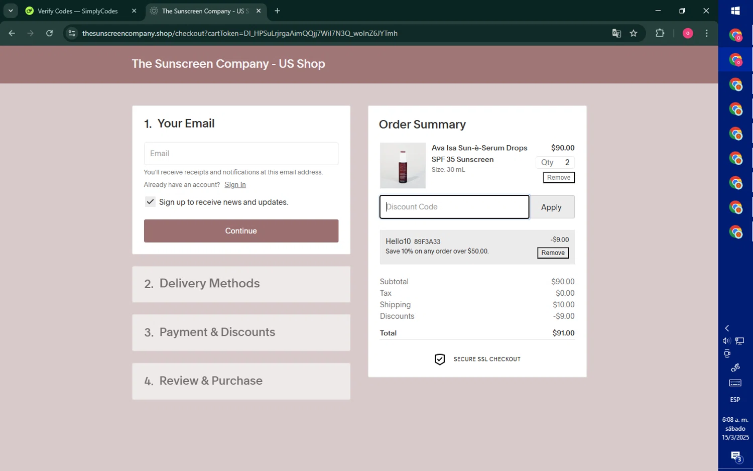 The Sunscreen Company discount code screenshot showing code 89F3A33 applied at The Sunscreen Company checkout page. Uploaded by SimplyCodes community member RebateNavigator926 on Mar 15, 2025