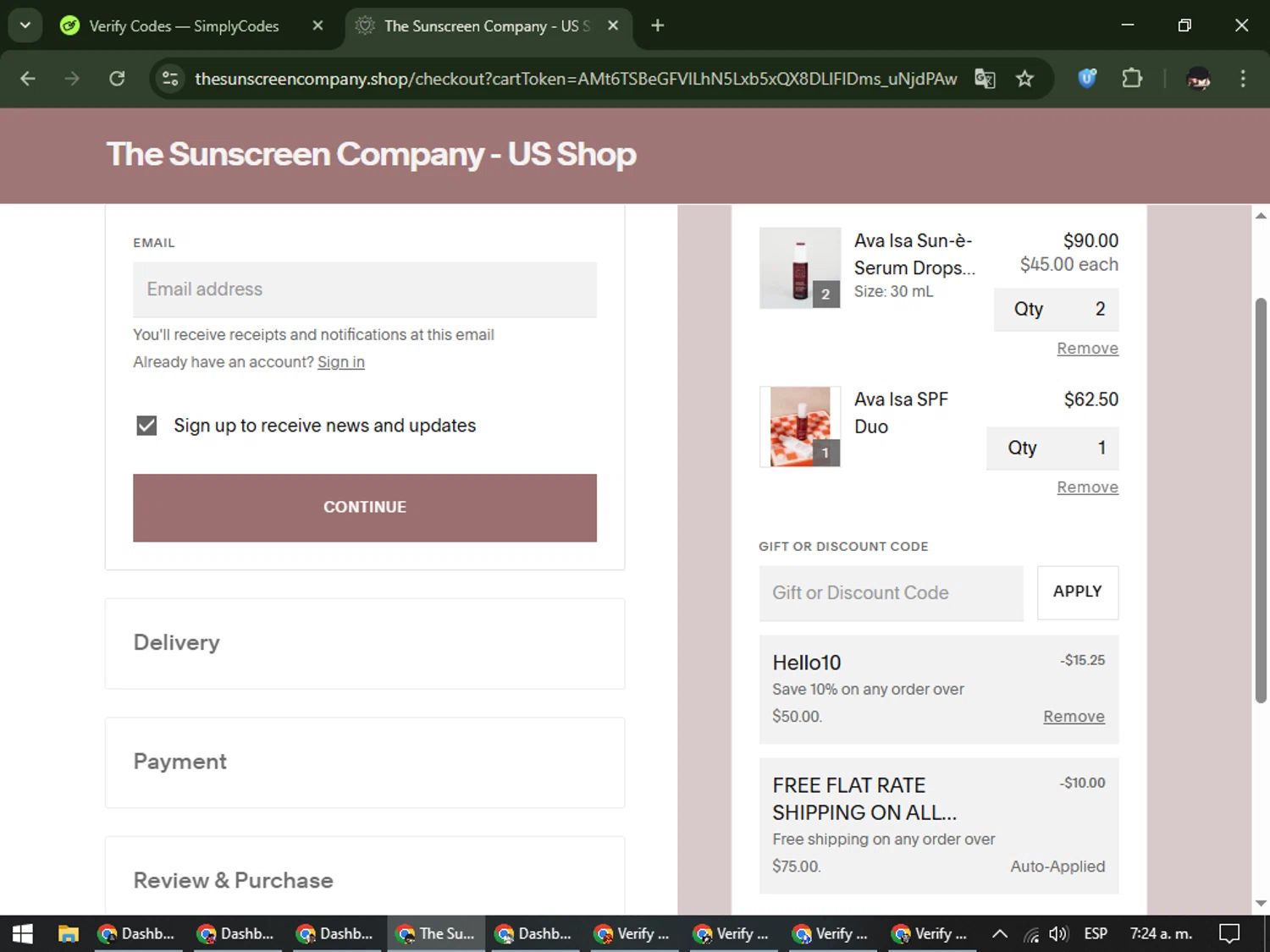 The Sunscreen Company discount code screenshot showing code 89F3A33 applied at The Sunscreen Company checkout page. Uploaded by SimplyCodes community member WonderCurator791 on Dec 11, 2025