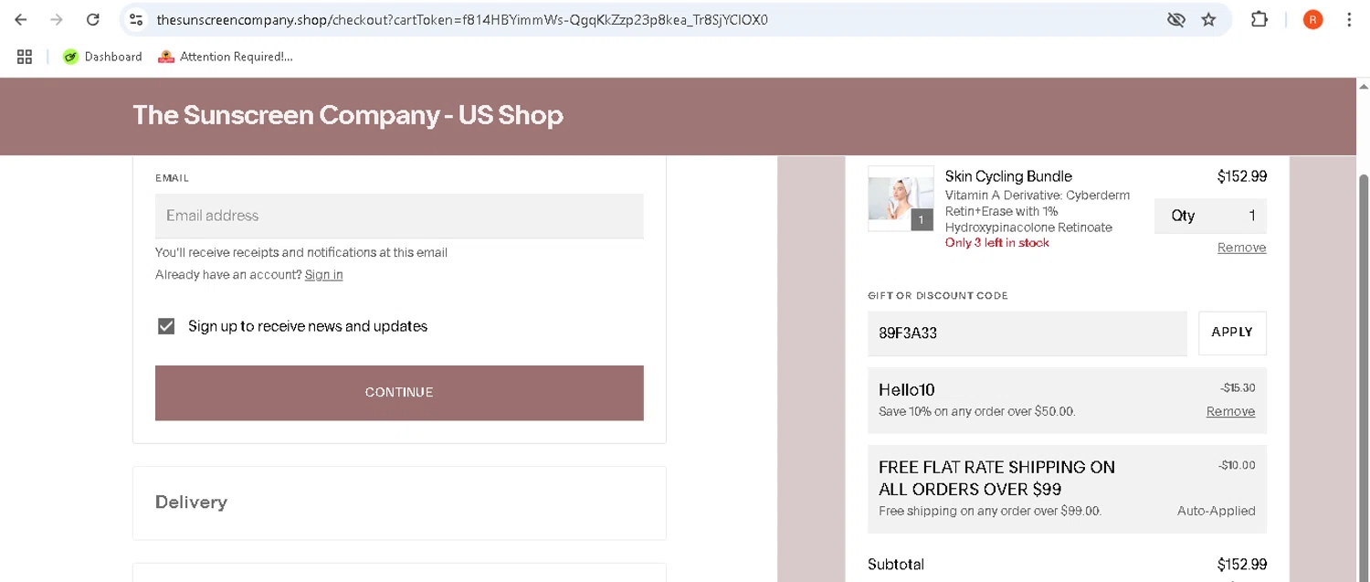 The Sunscreen Company discount code screenshot showing code 89F3A33 applied at The Sunscreen Company checkout page. Uploaded by SimplyCodes community member rodolfocaraballo on May 25, 2025