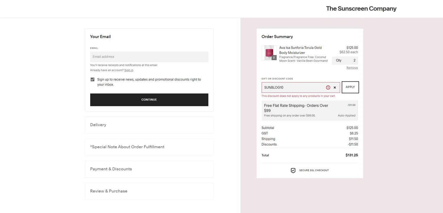 The Sunscreen Company checkout page showing The Sunscreen Company discount code box | Screenshot taken by SimplyCodes community member on Jul 24, 2025