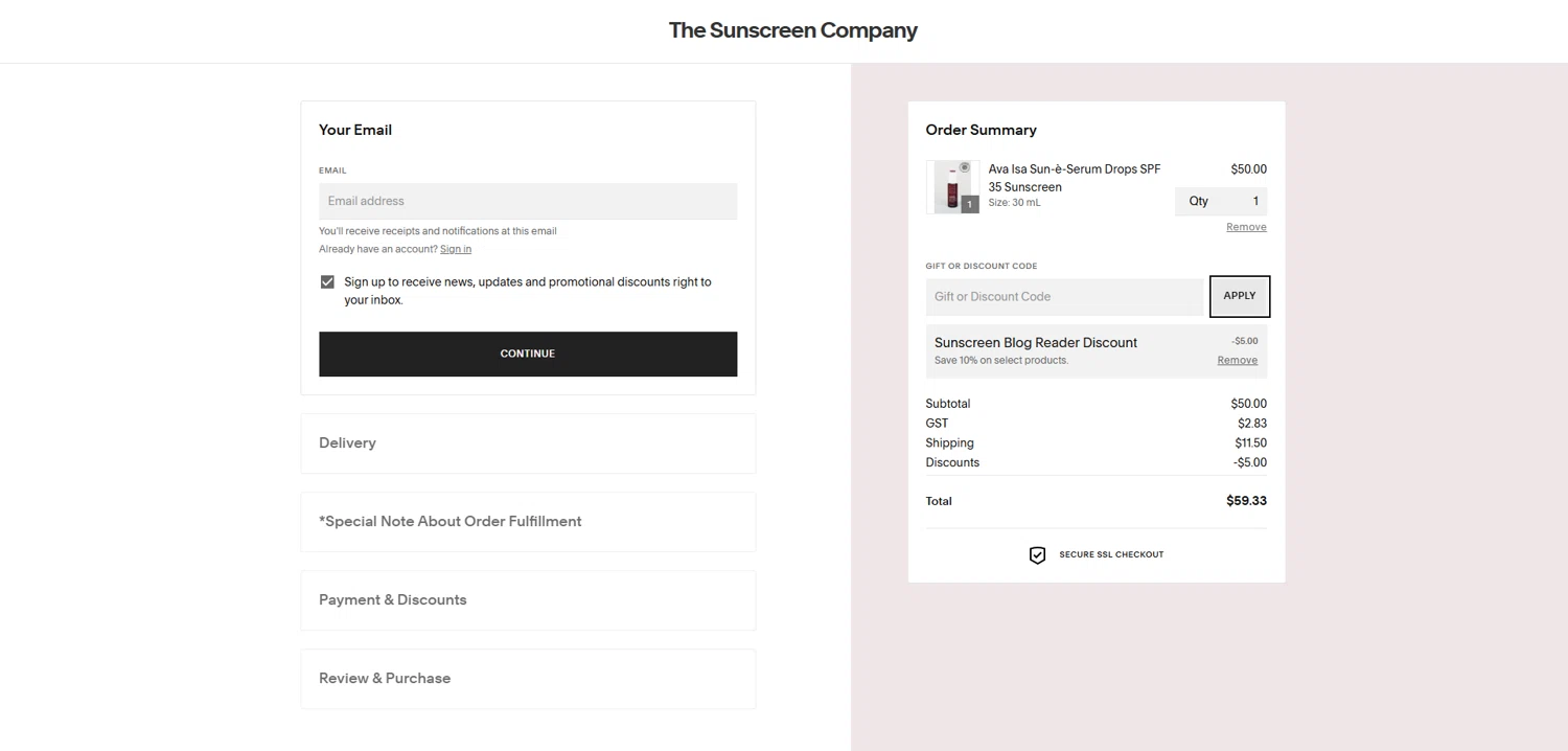 The Sunscreen Company checkout page showing The Sunscreen Company discount code box | Screenshot taken by SimplyCodes community member on Jul 24, 2025