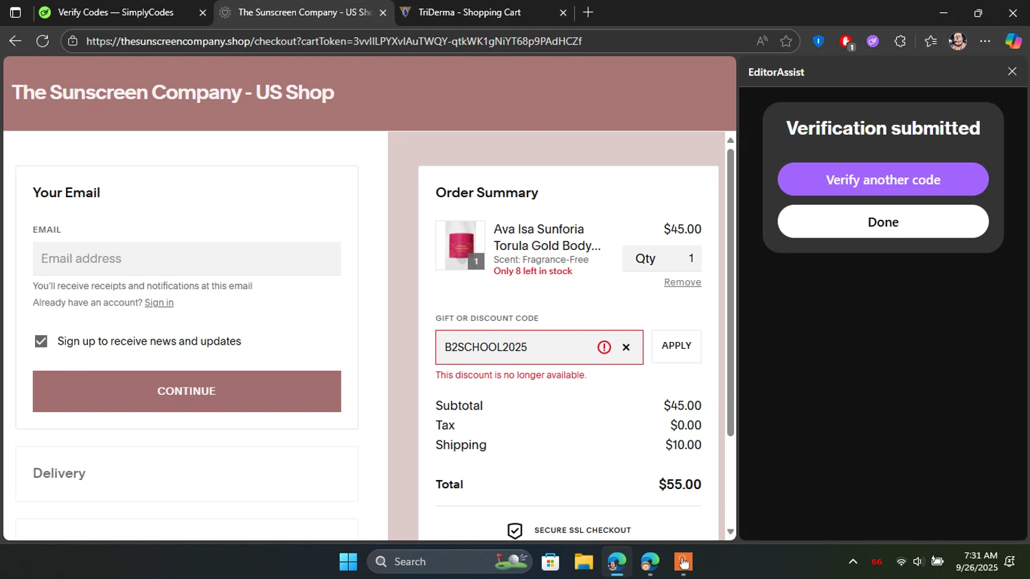 The Sunscreen Company discount code screenshot showing code B2SCHOOL2025 applied at The Sunscreen Company checkout page. Uploaded by SimplyCodes community member Blackleg_Sanji on Sep 26, 2025