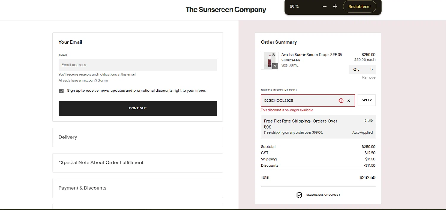 The Sunscreen Company discount code screenshot showing code B2SCHOOL2025 applied at The Sunscreen Company checkout page. Uploaded by SimplyCodes community member larenacida on Sep 26, 2025