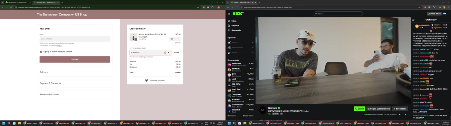 The Sunscreen Company discount code screenshot showing code SUNNYGIFT applied at The Sunscreen Company checkout page. Uploaded by SimplyCodes community member CouponSage7331 on Oct 9, 2025