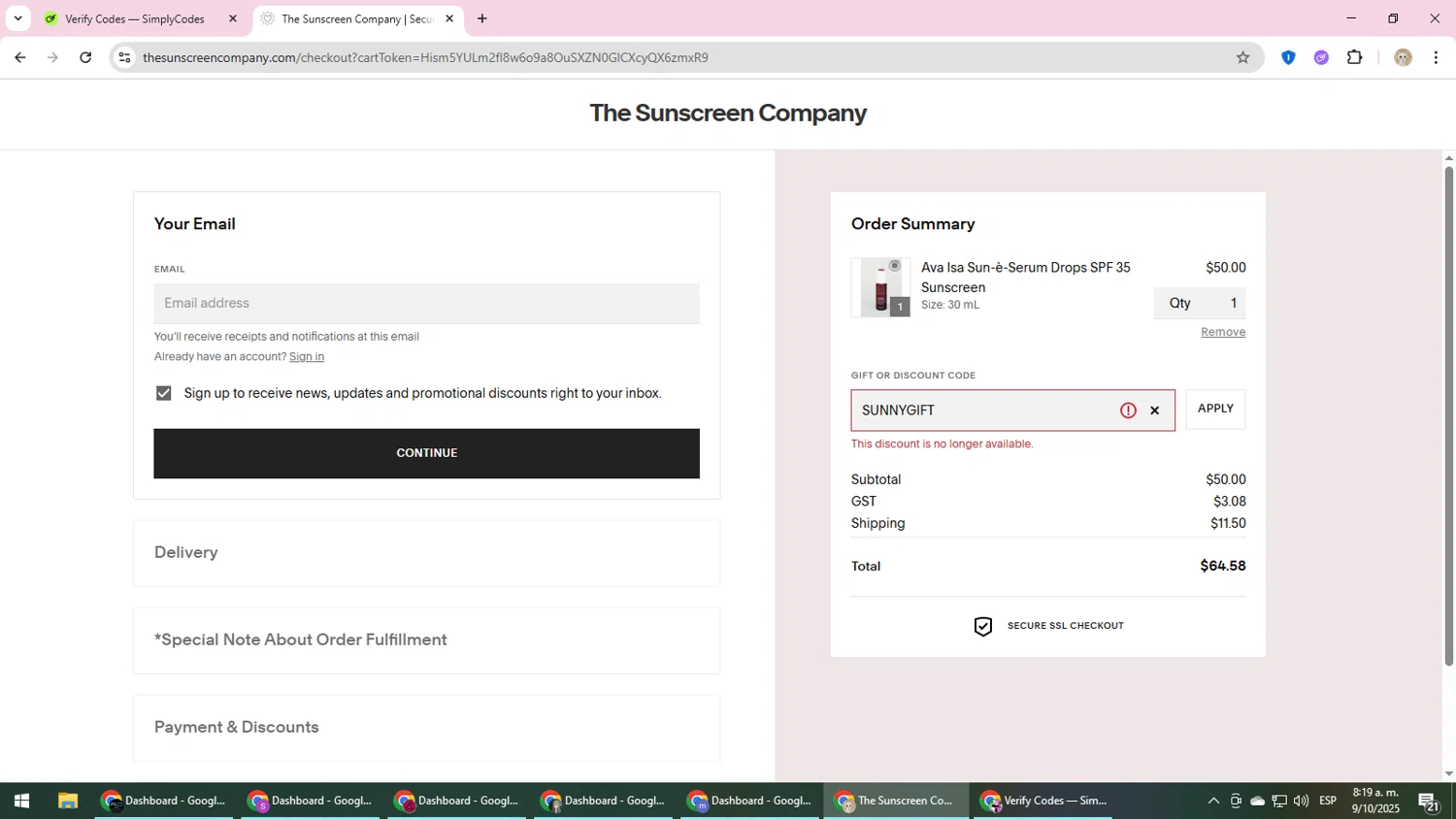The Sunscreen Company discount code screenshot showing code SUNNYGIFT applied at The Sunscreen Company checkout page. Uploaded by SimplyCodes community member NobleScholar4826 on Oct 9, 2025