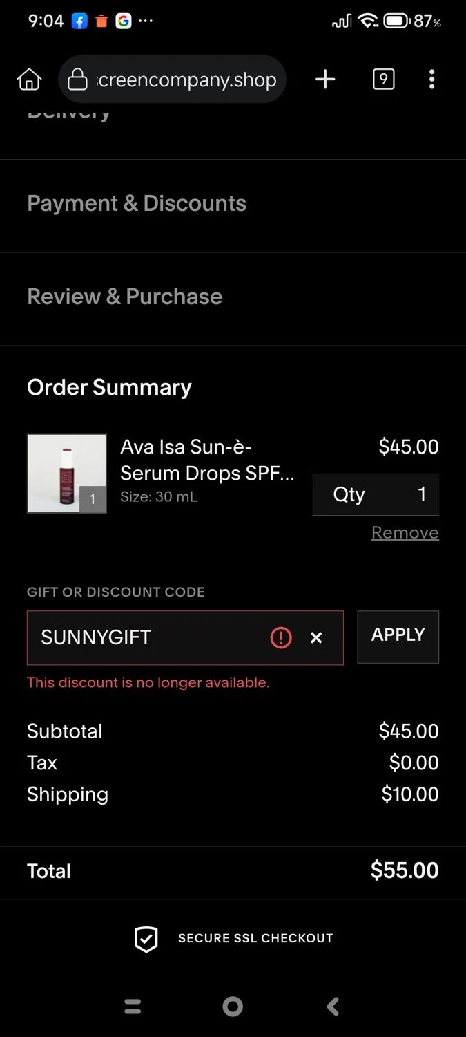 The Sunscreen Company discount code screenshot showing code SUNNYGIFT applied at The Sunscreen Company checkout page. Uploaded by SimplyCodes community member cuenta03 on Oct 9, 2025
