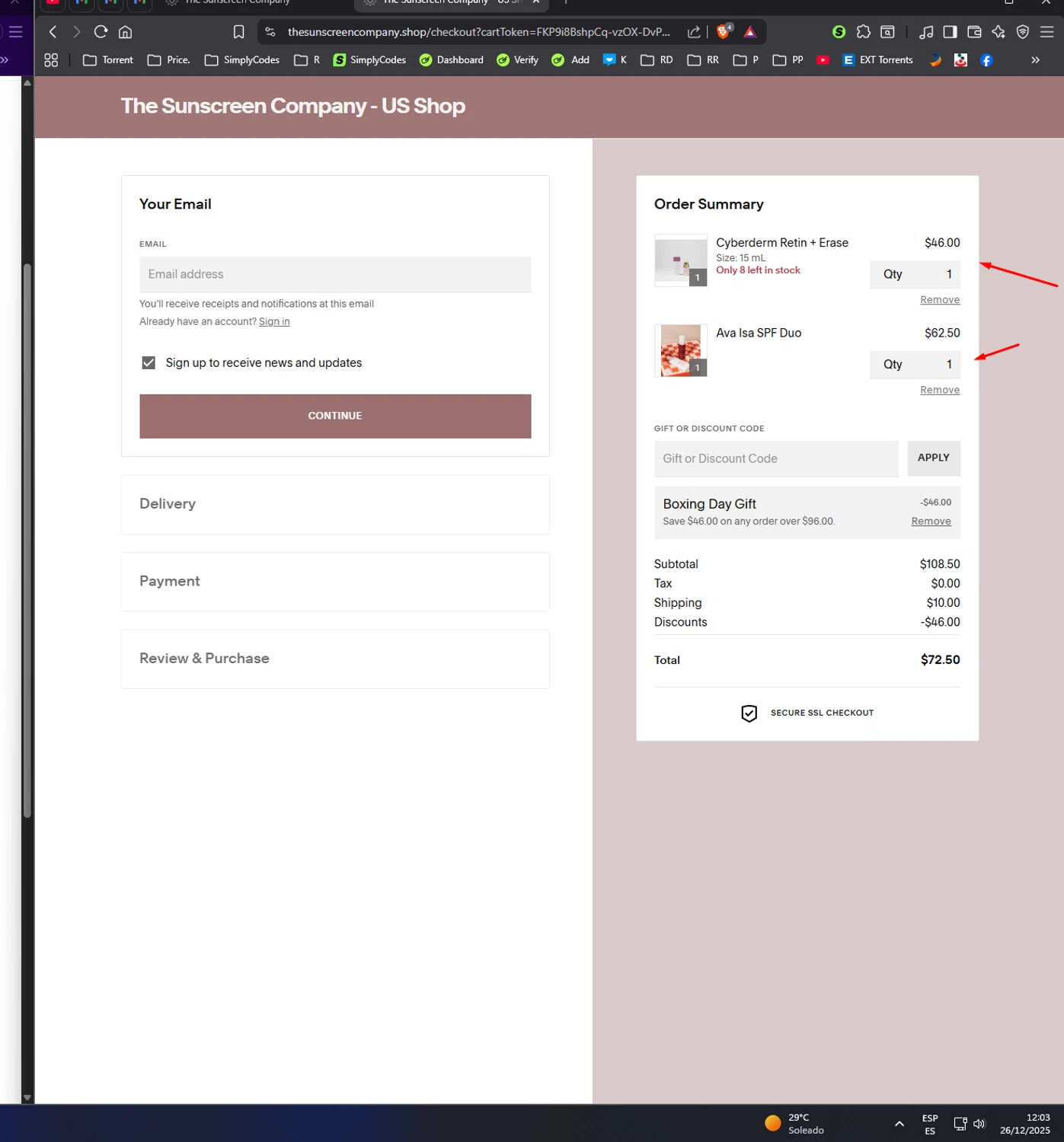 The Sunscreen Company discount code screenshot showing code BDGIFT applied at The Sunscreen Company checkout page. Uploaded by SimplyCodes community member UnkNownVnzla on Dec 26, 2025