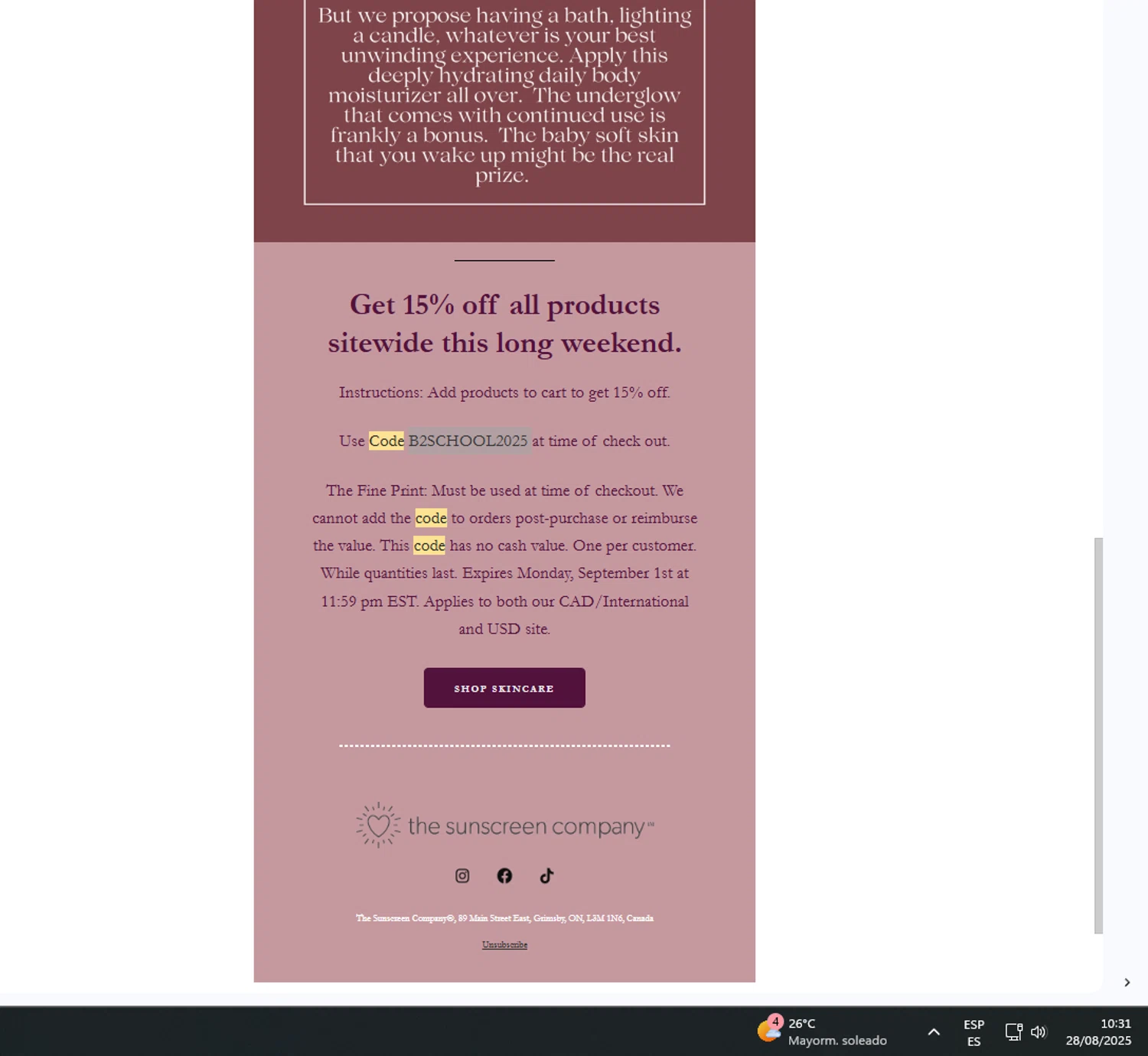 The Sunscreen Company discount code screenshot showing code B2SCHOOL2025 applied at The Sunscreen Company checkout page. Uploaded by SimplyCodes community member UnkNownVnzla on Aug 28, 2025