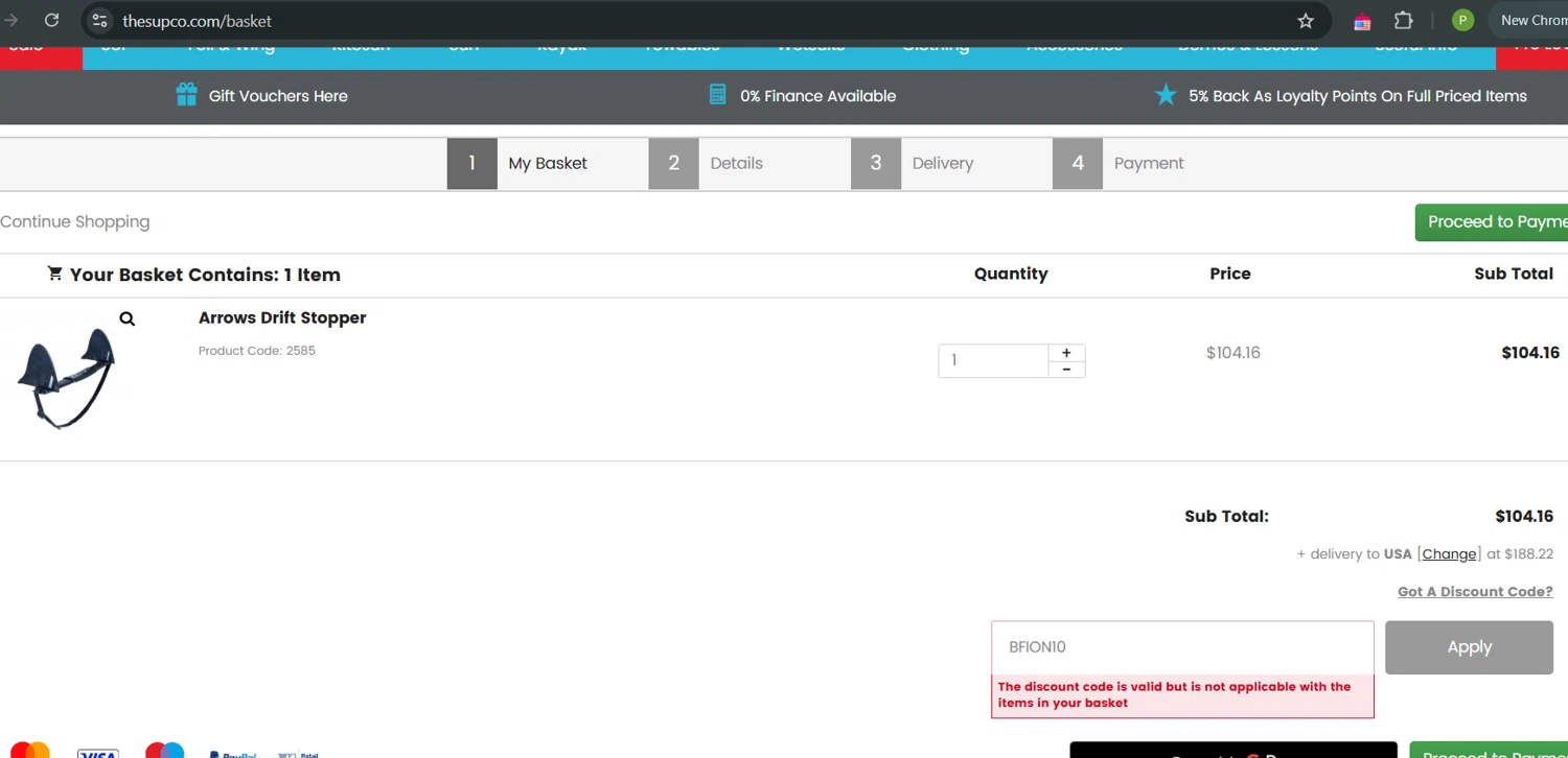 The SUP Co. checkout page showing The SUP Co. discount code box | Screenshot taken by SimplyCodes community member on Feb 22, 2025