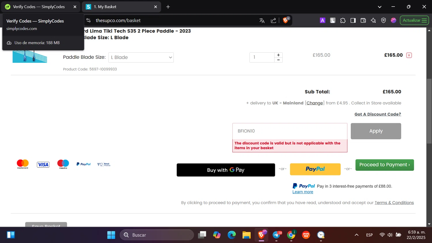 The SUP Co. checkout page showing The SUP Co. discount code box | Screenshot taken by SimplyCodes community member on Feb 22, 2025
