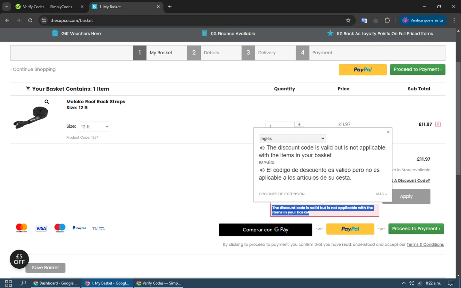 The SUP Co. checkout page showing The SUP Co. discount code box | Screenshot taken by SimplyCodes community member on Dec 26, 2024