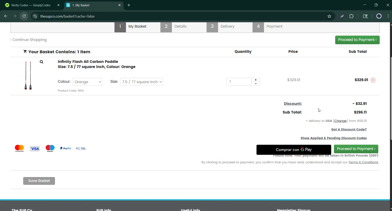 The SUP Co. checkout page showing The SUP Co. discount code box | Screenshot taken by SimplyCodes community member on Aug 1, 2025
