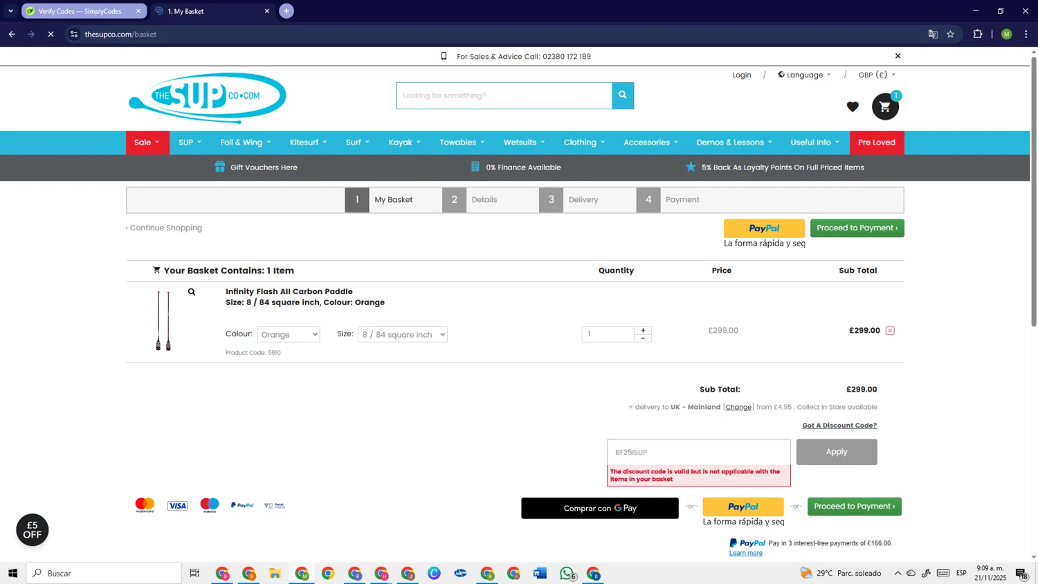 The SUP Co. discount code screenshot showing code BF25ISUP applied at The SUP Co. checkout page. Uploaded by SimplyCodes community member PrimeSage6924 on Nov 21, 2025