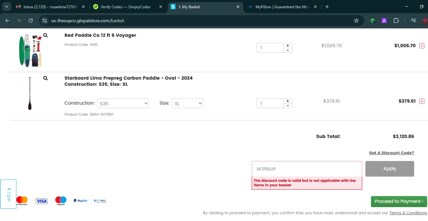 The SUP Co. discount code screenshot showing code BF25ISUP applied at The SUP Co. checkout page. Uploaded by SimplyCodes community member VoucherHero6322 on Nov 21, 2025