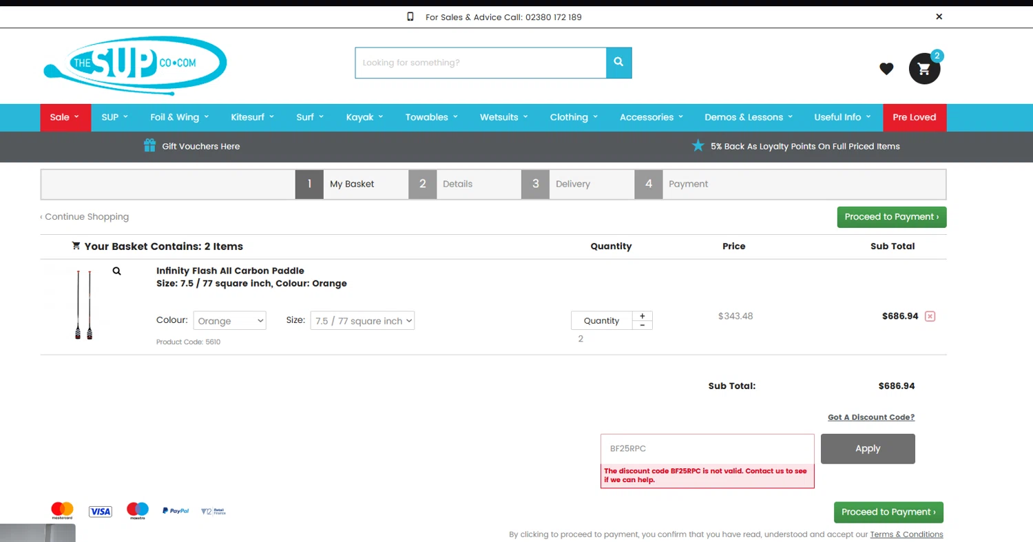 The SUP Co. discount code screenshot showing code BF25RPC applied at The SUP Co. checkout page. Uploaded by SimplyCodes community member kurcovein on Dec 20, 2025