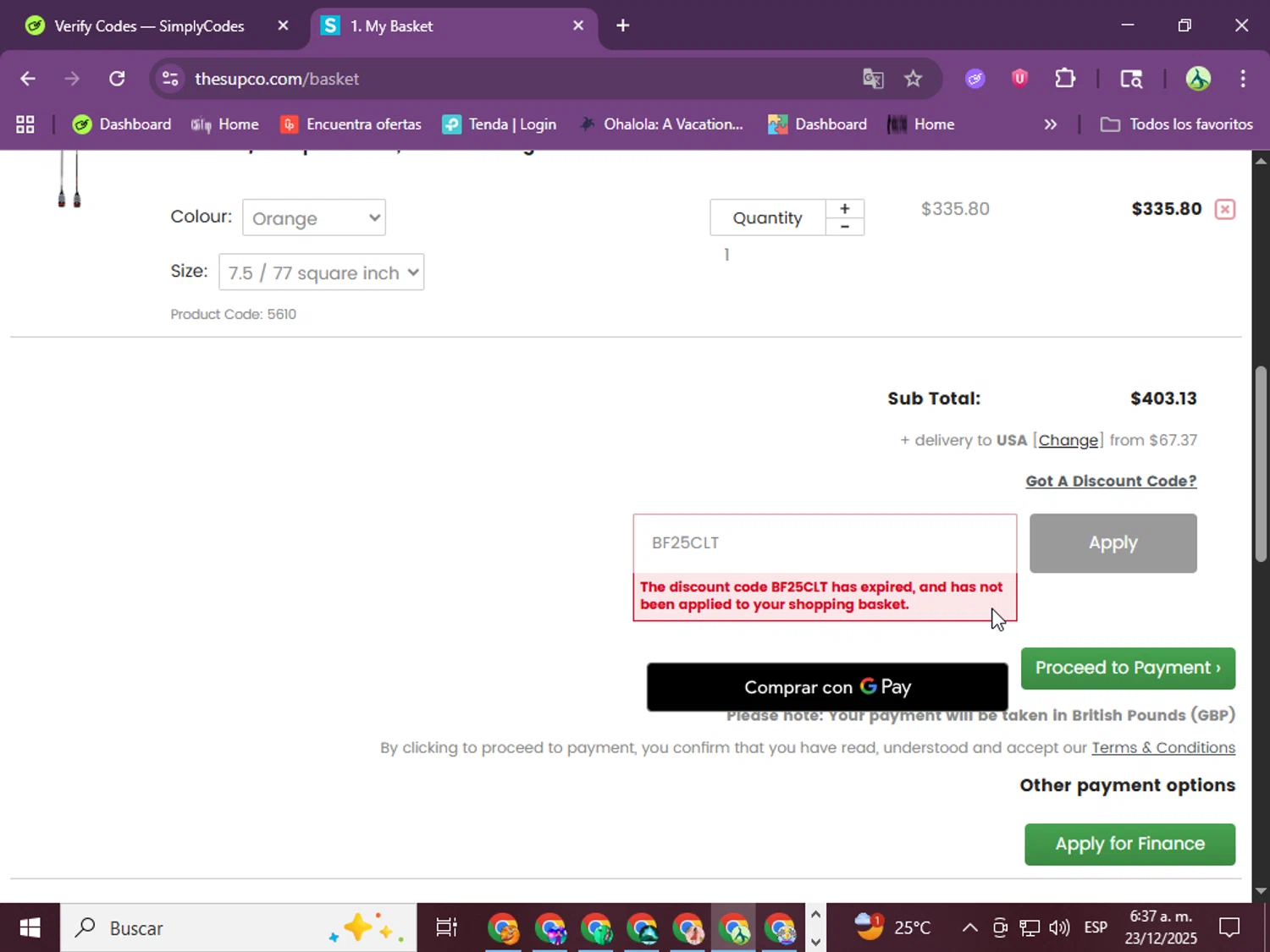 The SUP Co. discount code screenshot showing code BF25CLT applied at The SUP Co. checkout page. Uploaded by SimplyCodes community member jungrimar on Dec 23, 2025