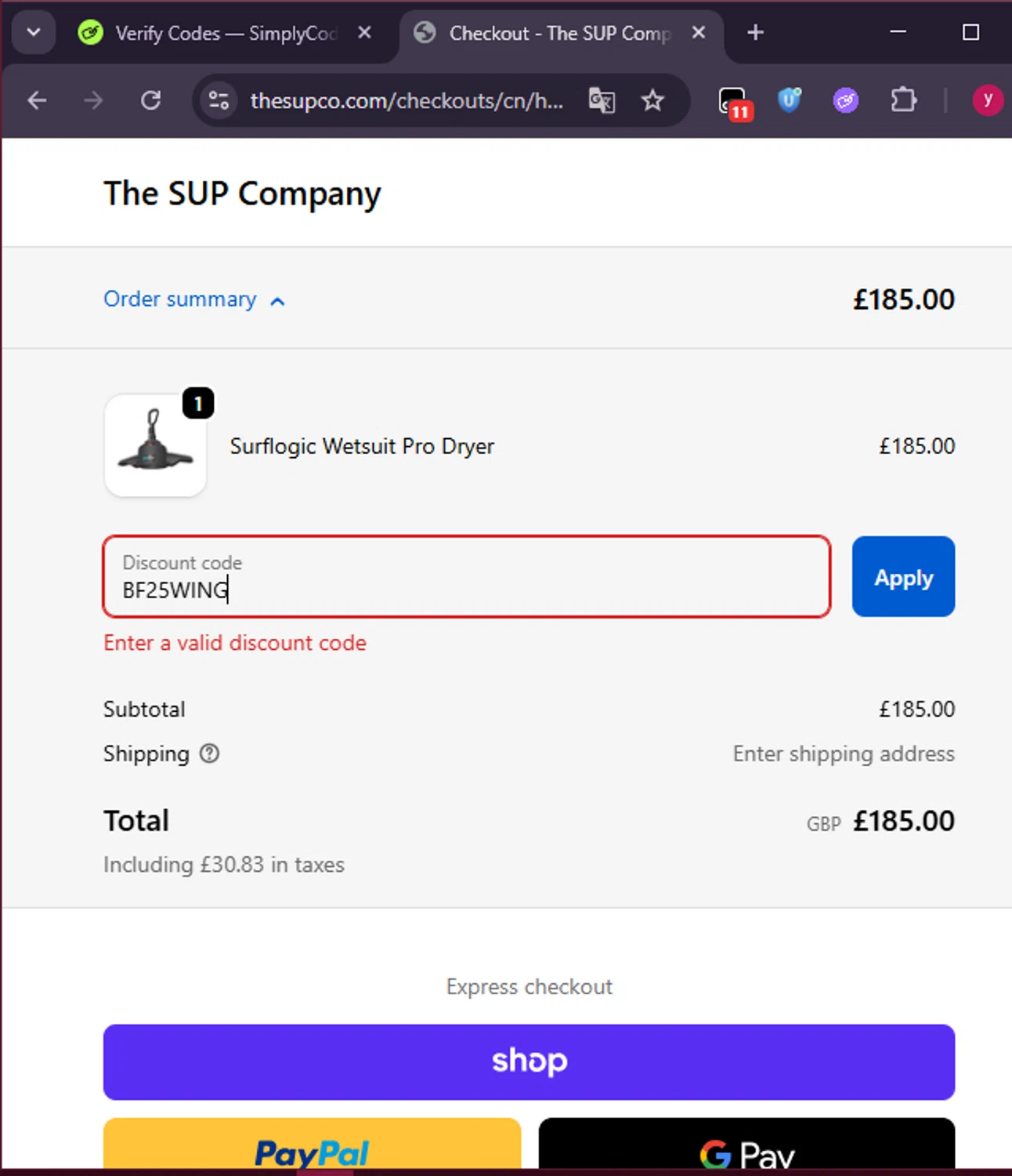 The SUP Co. discount code screenshot showing code BF25WING applied at The SUP Co. checkout page. Uploaded by SimplyCodes community member ValiantFox2134 on Dec 25, 2025