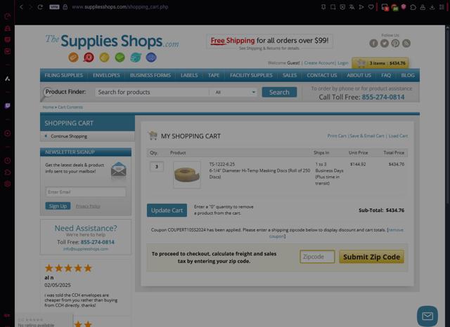 Supplies Shops checkout page showing Supplies Shops coupon code box | Screenshot taken by SimplyCodes community member on Aug 11, 2025