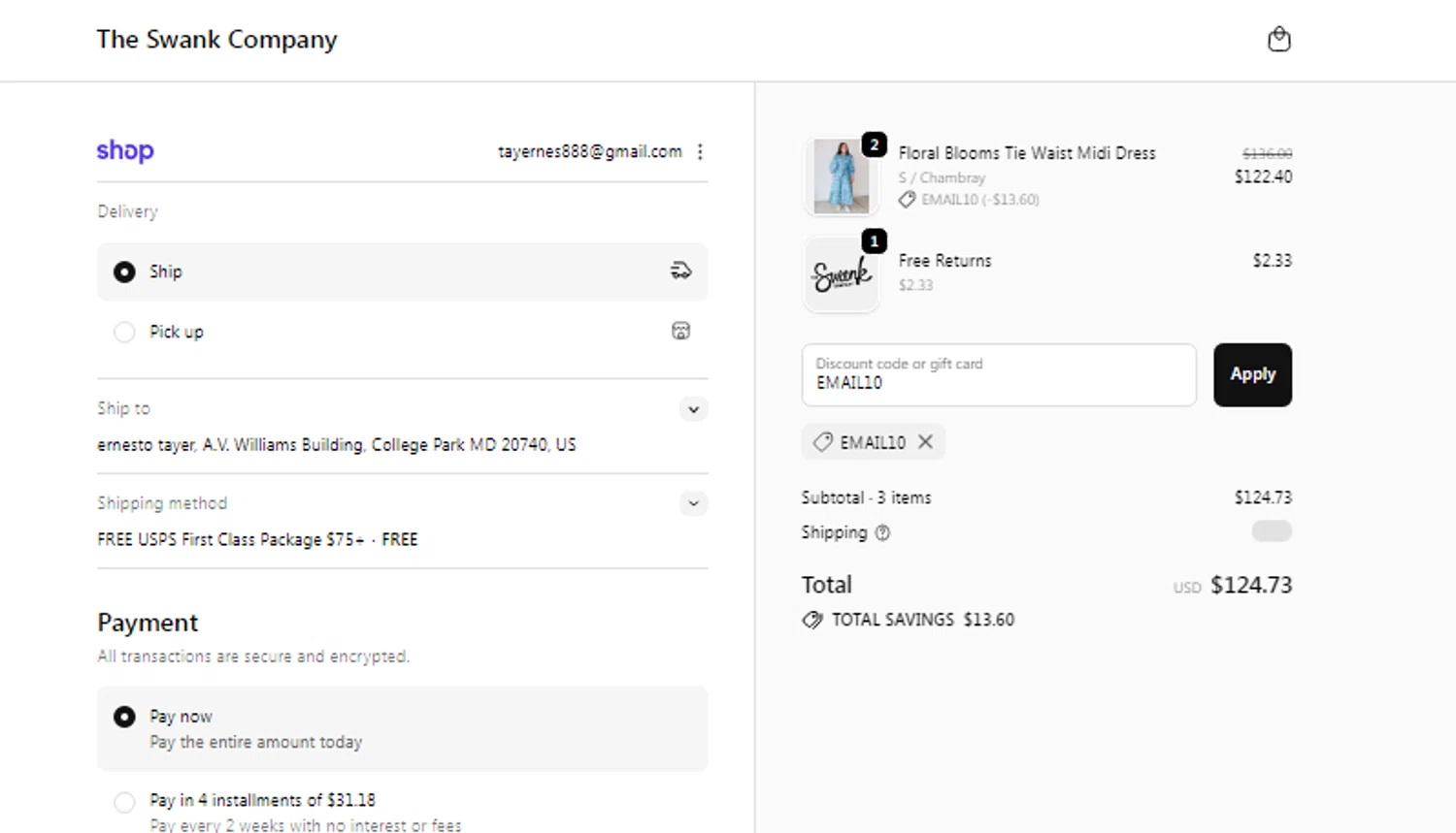 The Swank Company discount code screenshot showing code EMAIL10 applied at The Swank Company checkout page. Uploaded by SimplyCodes community member CURTIS on Feb 10, 2026