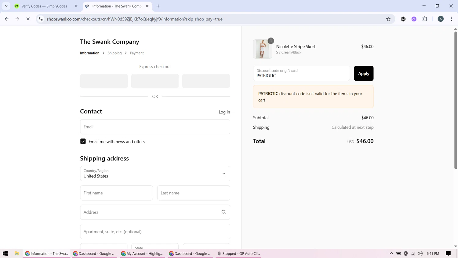 The Swank Company discount code screenshot showing code PATRIOTIC applied at The Swank Company checkout page. Uploaded by SimplyCodes community member BonusMonarch7015 on Jul 14, 2025