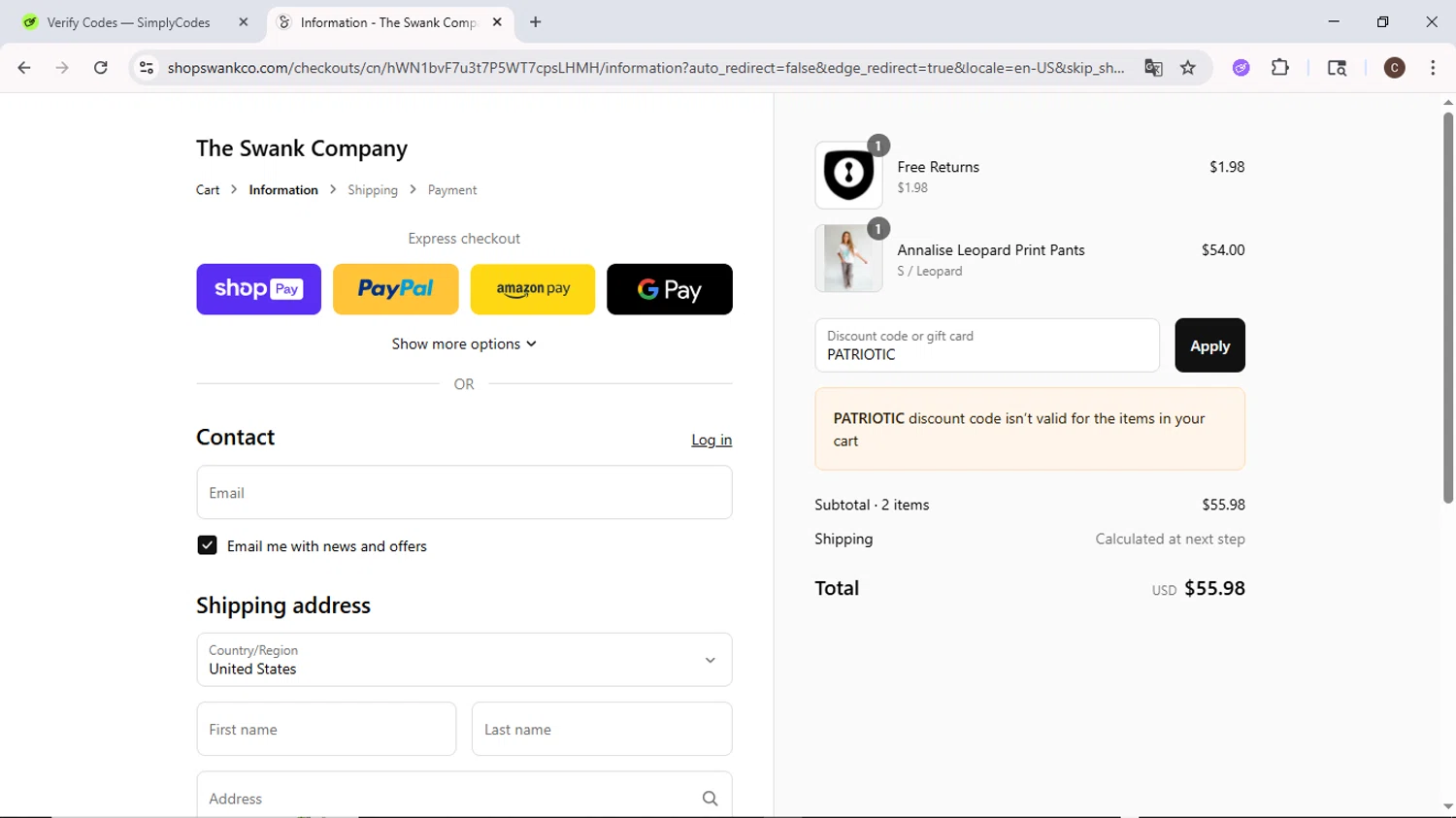 The Swank Company discount code screenshot showing code PATRIOTIC applied at The Swank Company checkout page. Uploaded by SimplyCodes community member MoneyPilot9634 on Aug 9, 2025