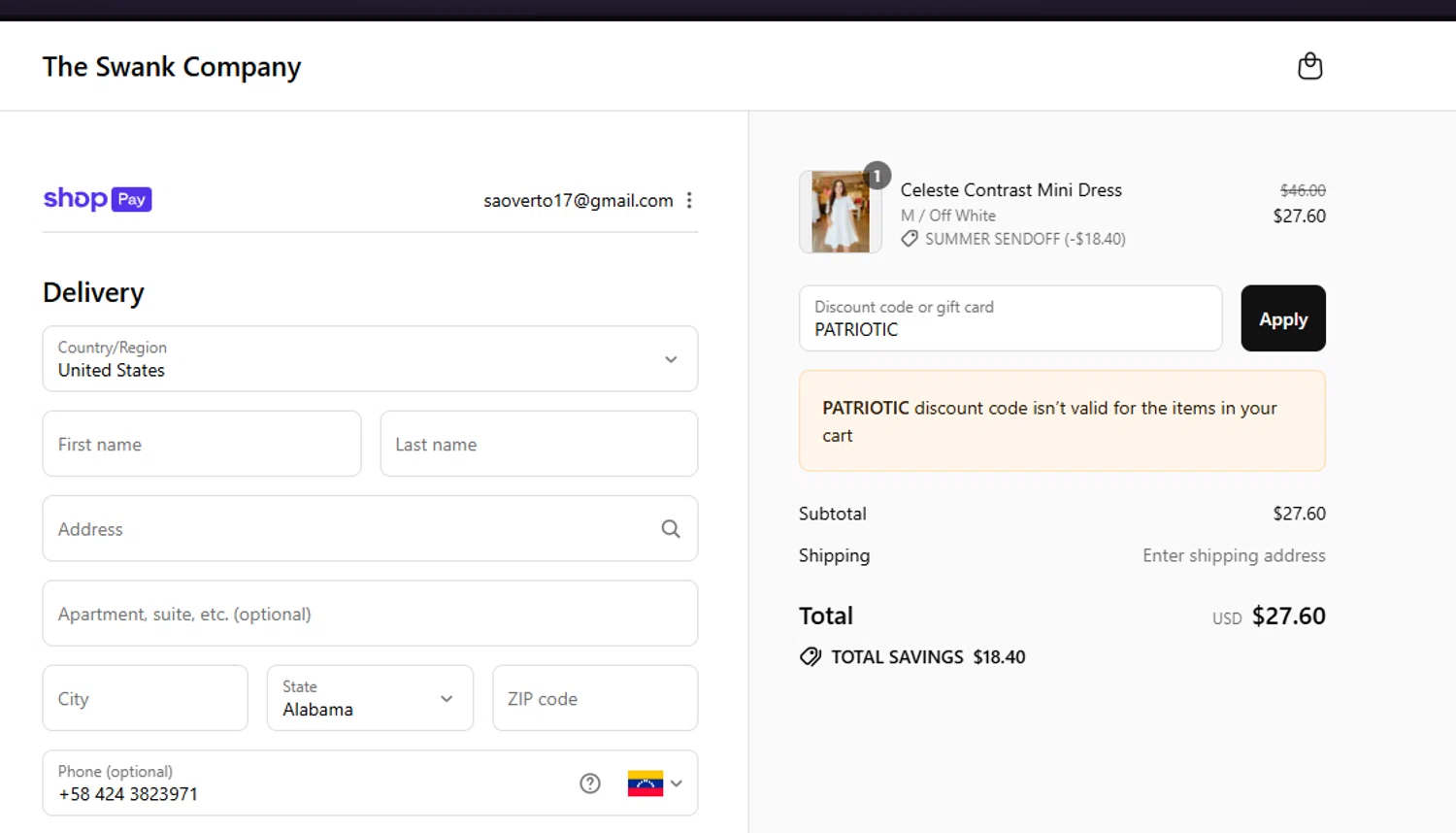 The Swank Company discount code screenshot showing code PATRIOTIC applied at The Swank Company checkout page. Uploaded by SimplyCodes community member saindex on Aug 5, 2025