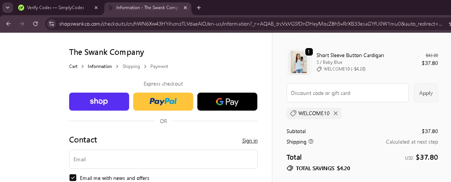The Swank Company discount code screenshot showing code WELCOME10 applied at The Swank Company checkout page. Uploaded by SimplyCodes community member EnmanuelEDITOR on Dec 17, 2025