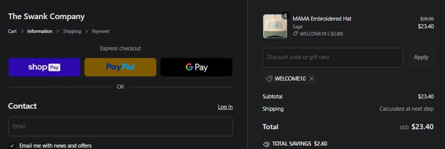 The Swank Company discount code screenshot showing code WELCOME10 applied at The Swank Company checkout page. Uploaded by SimplyCodes community member idkxxx on Mar 11, 2025