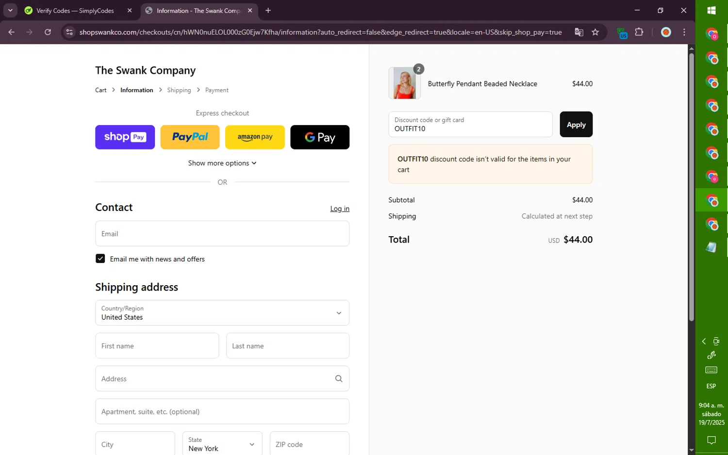 The Swank Company discount code screenshot showing code OUTFIT10 applied at The Swank Company checkout page. Uploaded by SimplyCodes community member PromoVoyager8446 on Jul 19, 2025