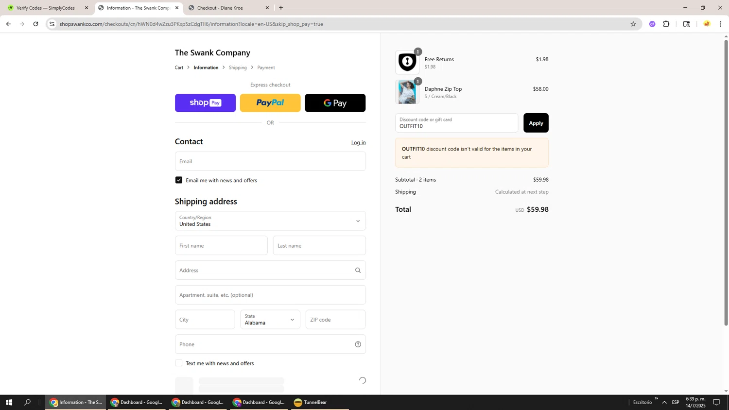 The Swank Company discount code screenshot showing code OUTFIT10 applied at The Swank Company checkout page. Uploaded by SimplyCodes community member Richard251 on Jul 14, 2025