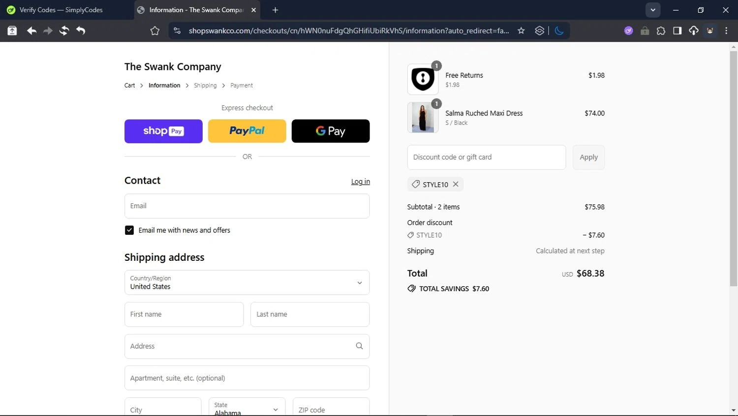 The Swank Company discount code screenshot showing code STYLE10 applied at The Swank Company checkout page. Uploaded by SimplyCodes community member ValiantHunter5929 on Jul 19, 2025