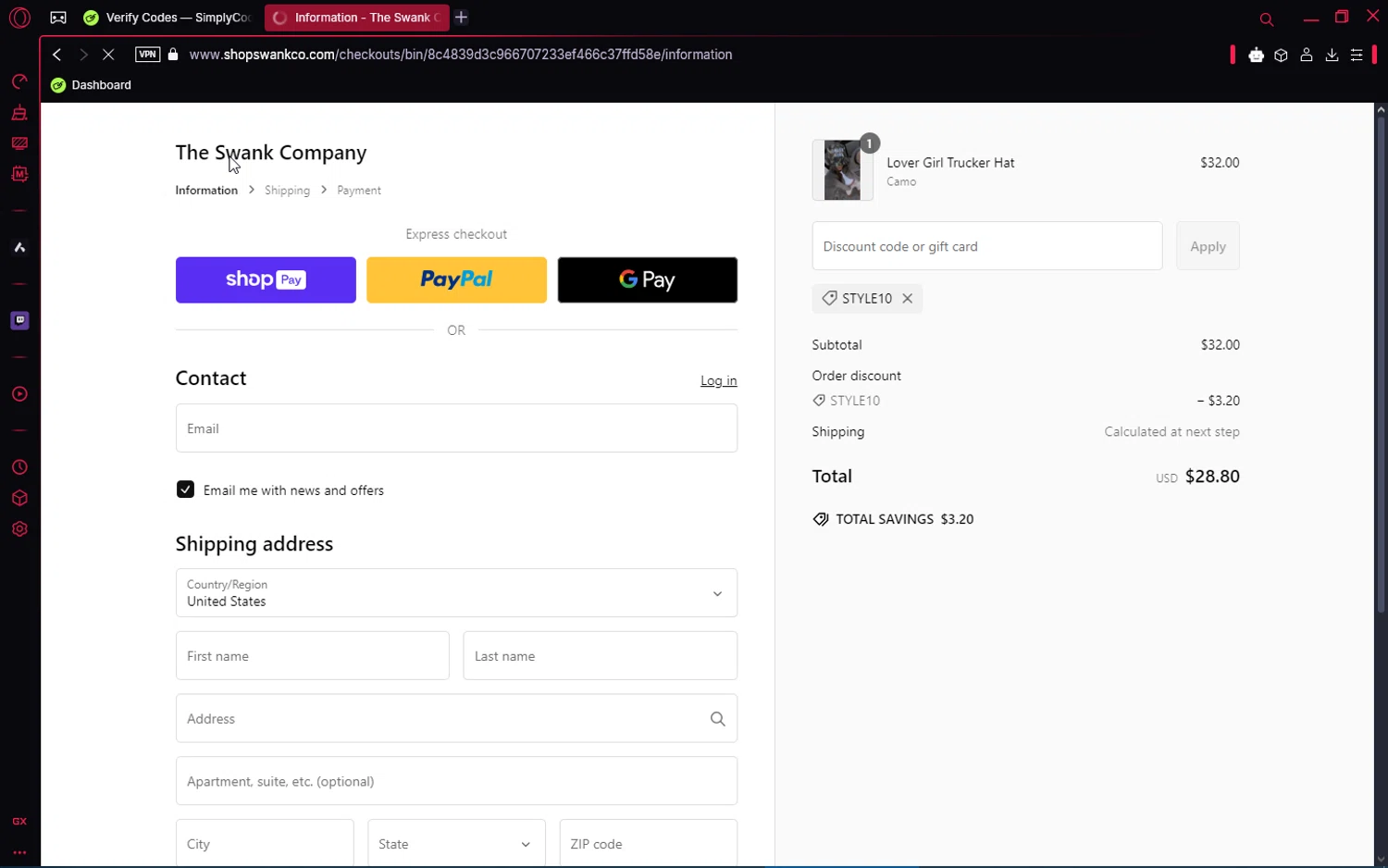 The Swank Company discount code screenshot showing code STYLE10 applied at The Swank Company checkout page. Uploaded by SimplyCodes community member jakeperro on Jan 30, 2025