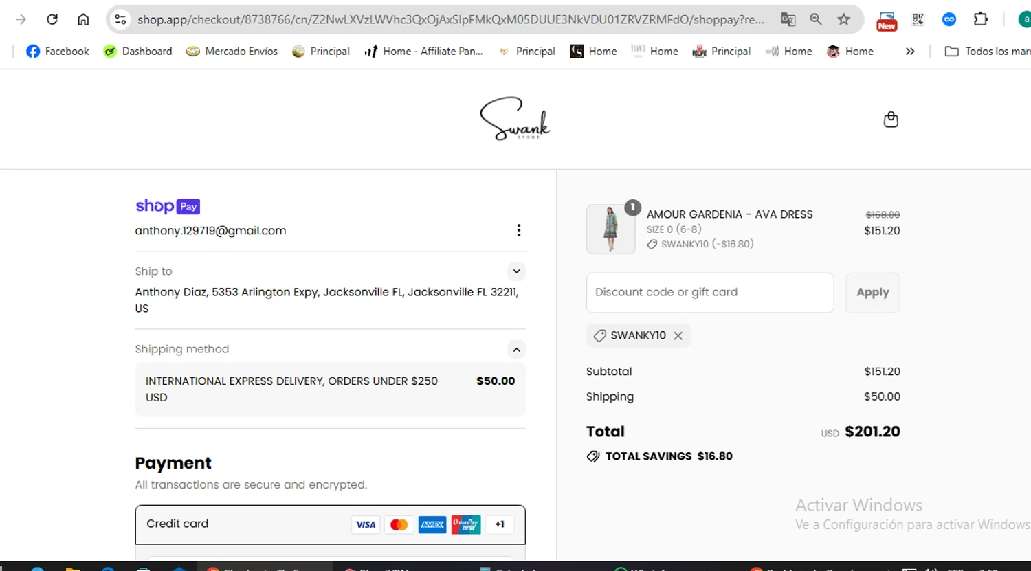 Bondi Resortwear discount code screenshot showing code SWANKY10 applied at Bondi Resortwear checkout page. Uploaded by SimplyCodes community member anthonydiaz1 on Jul 5, 2025