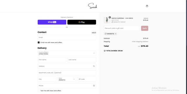 The Swank Store checkout page showing The Swank Store discount code box | Screenshot taken by SimplyCodes community member on May 8, 2025