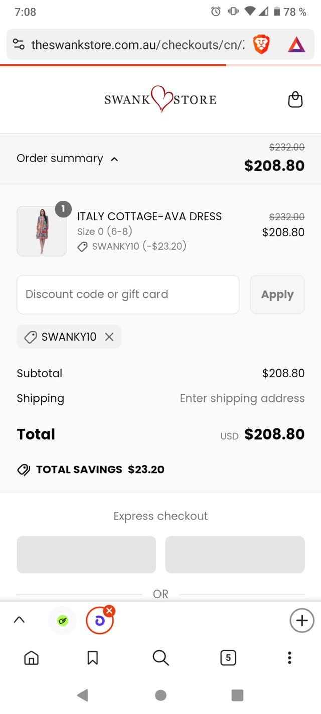 The Swank Store checkout page showing The Swank Store discount code box | Screenshot taken by SimplyCodes community member on Apr 9, 2025