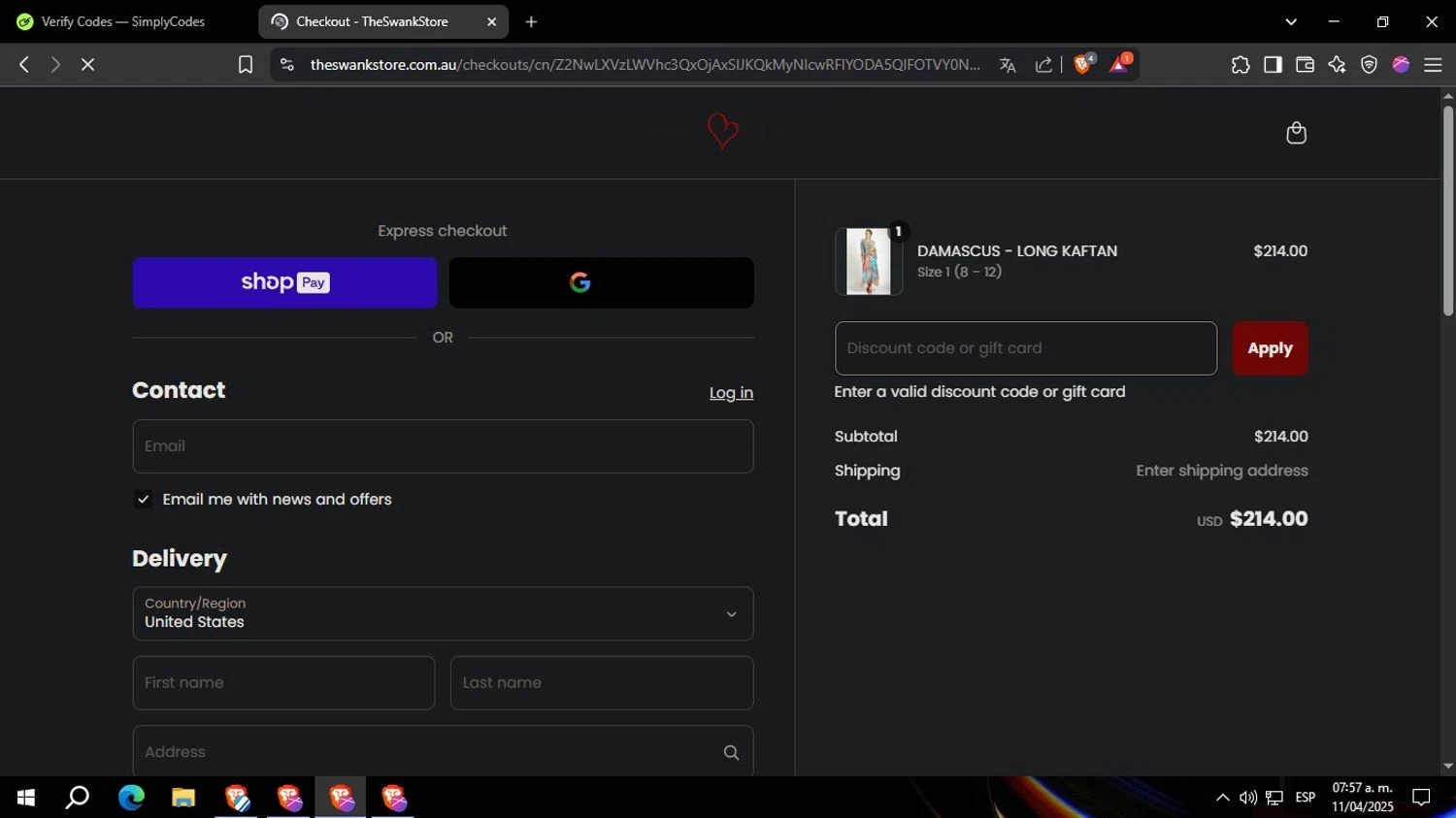Bondi Resortwear discount code screenshot showing code SWANKY20 applied at Bondi Resortwear checkout page. Uploaded by SimplyCodes community member Yoseff_3 on Apr 11, 2025