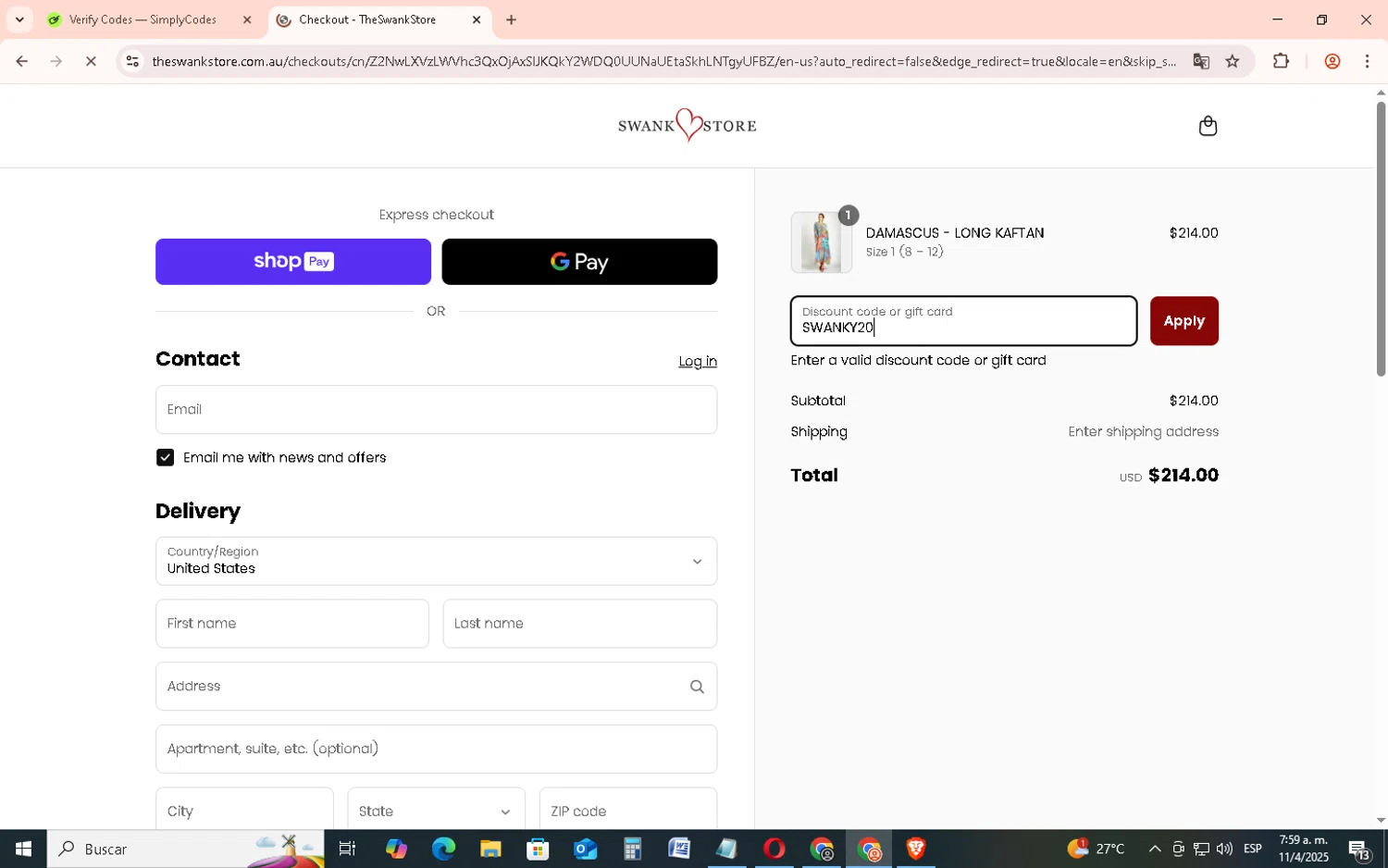 Bondi Resortwear discount code screenshot showing code SWANKY20 applied at Bondi Resortwear checkout page. Uploaded by SimplyCodes community member EpicSage3474 on Apr 11, 2025