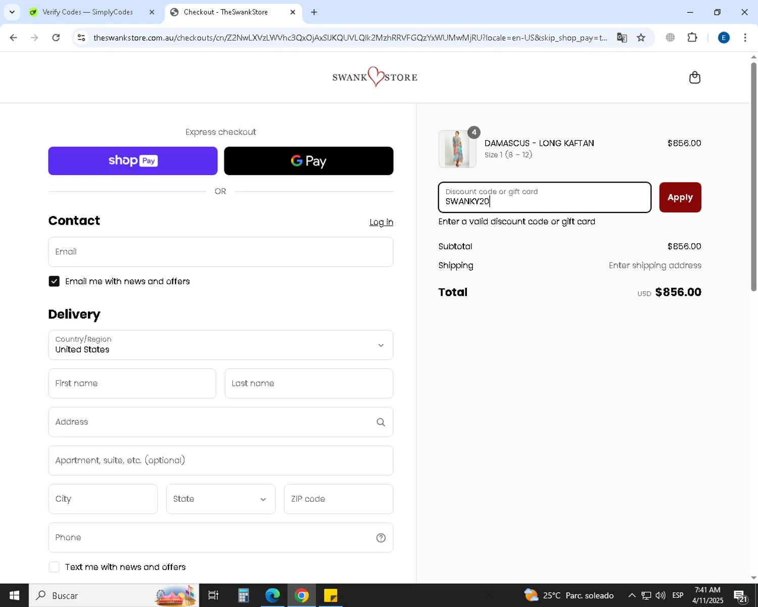 Bondi Resortwear discount code screenshot showing code SWANKY20 applied at Bondi Resortwear checkout page. Uploaded by SimplyCodes community member MoneyGenius452 on Apr 11, 2025