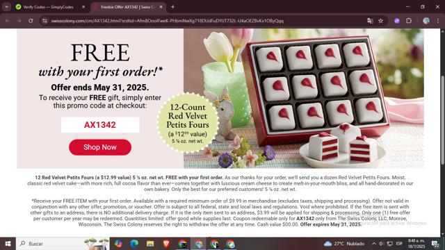 The Swiss Colony checkout page showing The Swiss Colony promo code box | Screenshot taken by SimplyCodes community member on Jul 18, 2025
