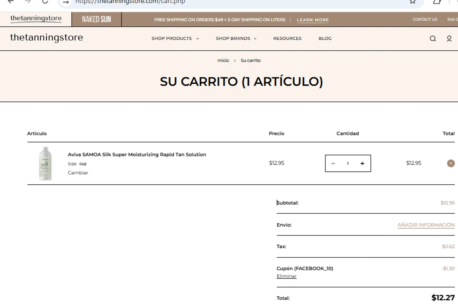 The Tanning Store promo code screenshot showing code FACEBOOK_10 applied at The Tanning Store checkout page. Uploaded by SimplyCodes community member PennyOwl2559 on Jul 20, 2025