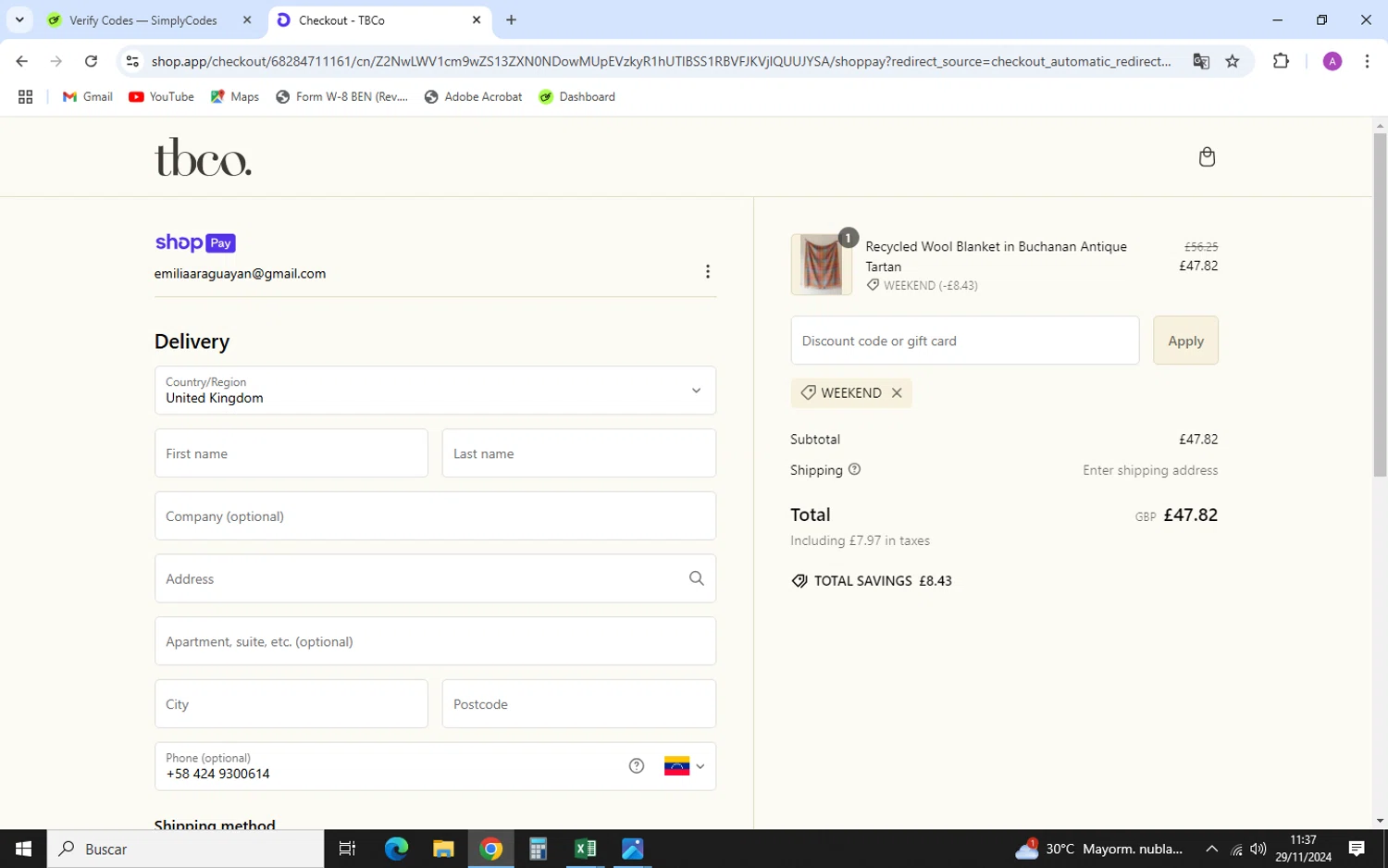 The Tartan Blanket checkout page showing The Tartan Blanket promo code box | Screenshot taken by SimplyCodes community member on Nov 29, 2024