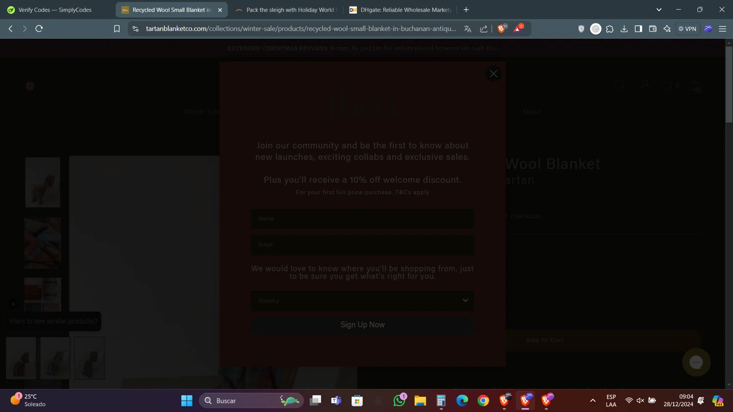 The Tartan Blanket checkout page showing The Tartan Blanket promo code box | Screenshot taken by SimplyCodes community member on Dec 28, 2024