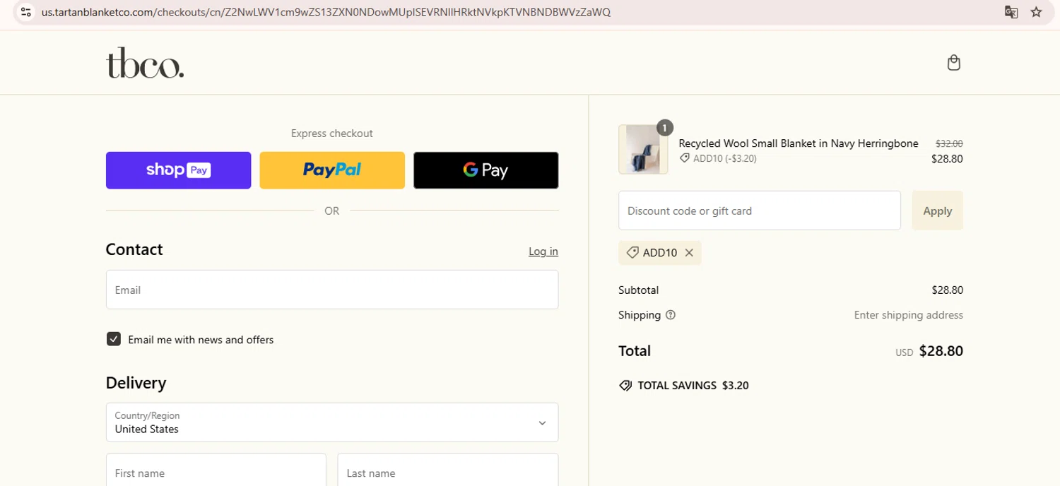 The Tartan Blanket promo code screenshot showing code ADD10 applied at The Tartan Blanket checkout page. Uploaded by SimplyCodes community member Samugl21 on Jan 14, 2025