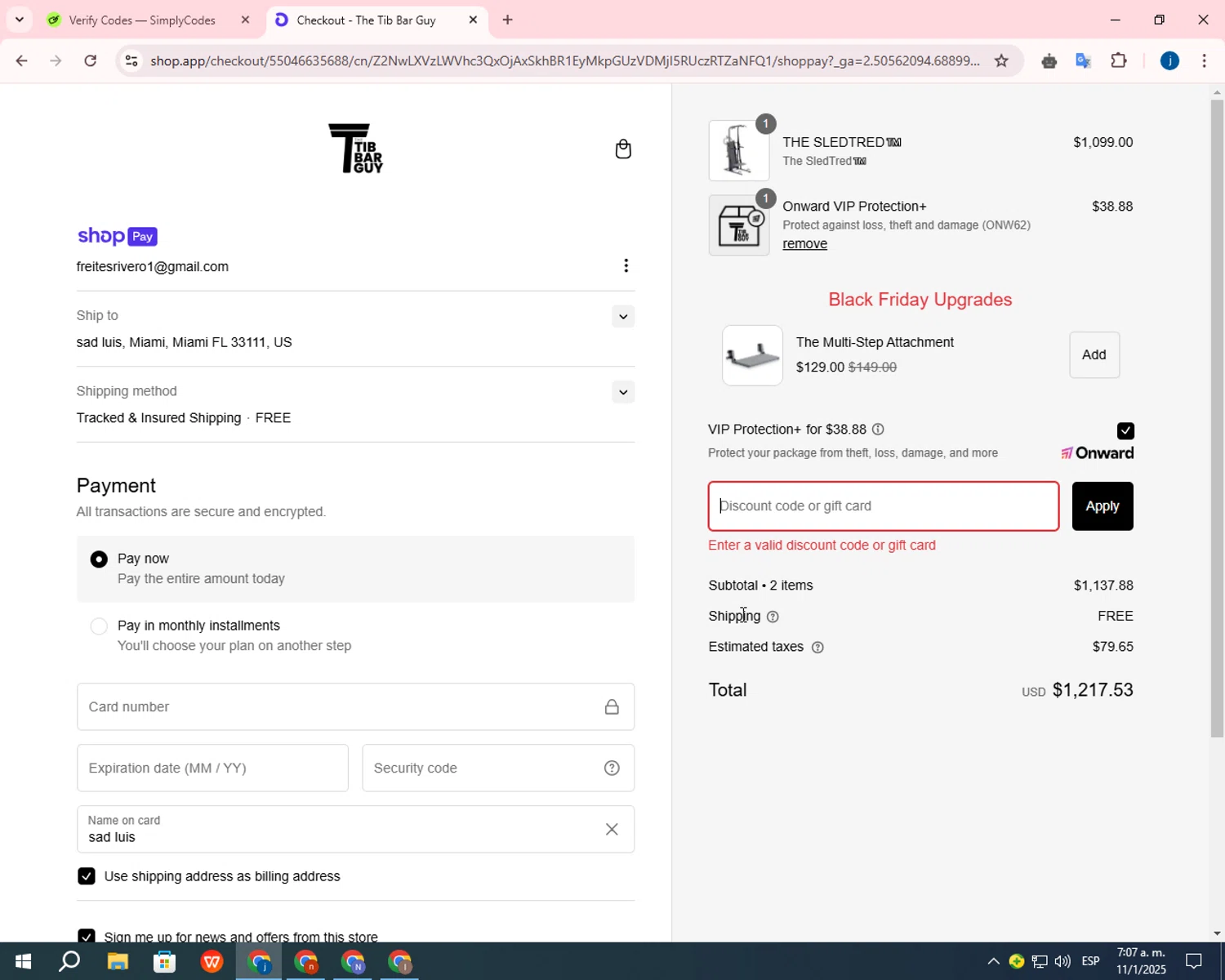 The Tib Bar Guy promo code screenshot showing code 2024 applied at The Tib Bar Guy checkout page. Uploaded by SimplyCodes community member CashLegend3767 on Jan 11, 2025