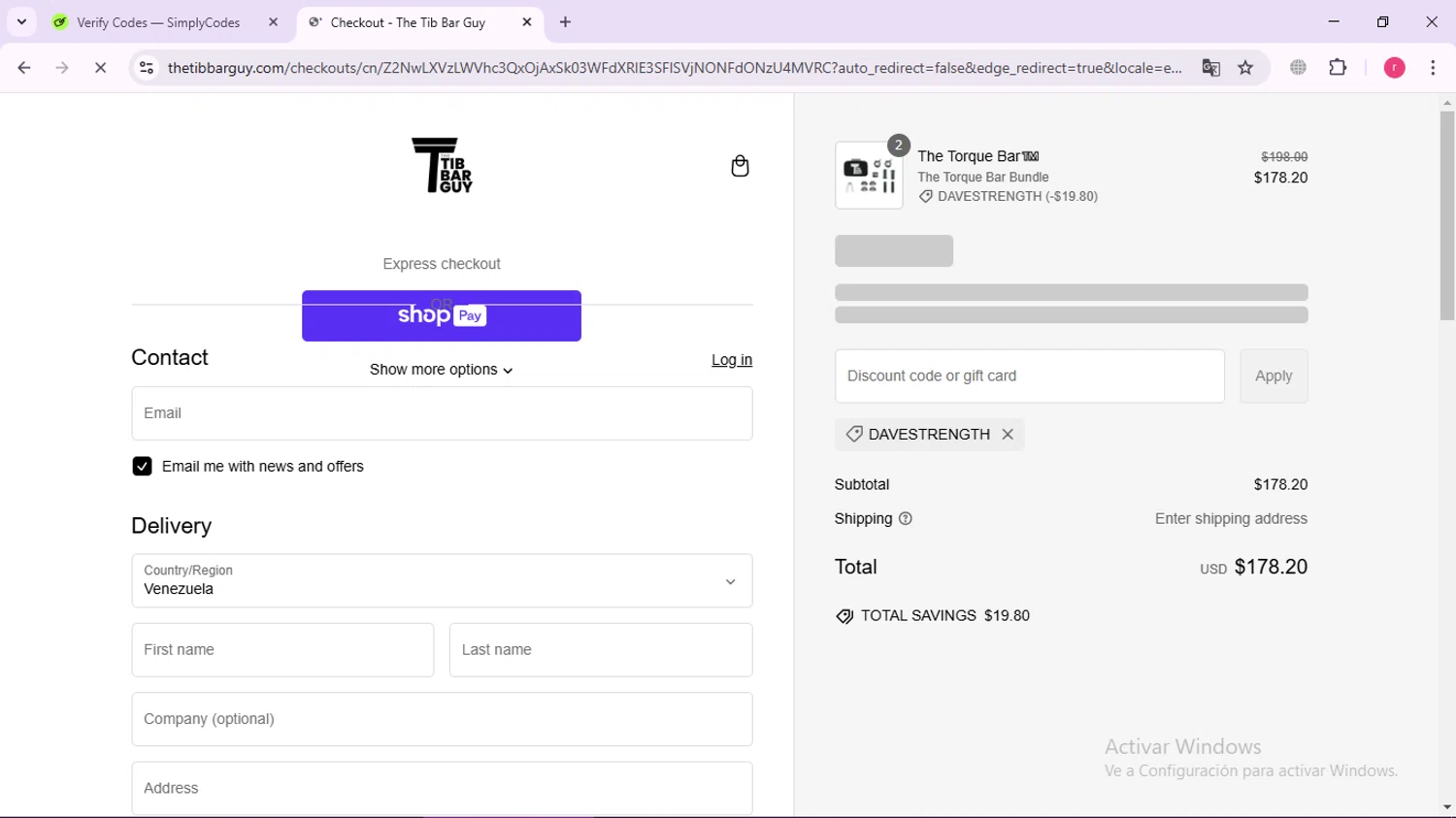 The Tib Bar Guy promo code screenshot showing code DAVESTRENGTH applied at The Tib Bar Guy checkout page. Uploaded by SimplyCodes community member Ronny50 on Feb 16, 2025